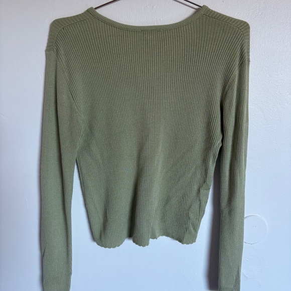 Green Ribbed Button Up Cardigan Vintage Lettuce Edge Soft Women's Sweater Olive - Picture 6 of 7